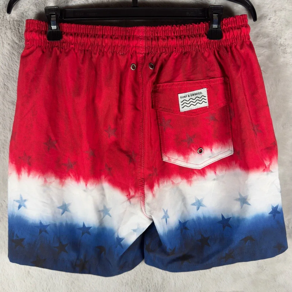 Surf‎ and Swim Co Mens Swim Trunks Shorts Red White Blue Stars Size L
